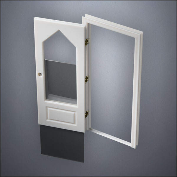 modern thin-frame 3/4 Steepled Window Door with fancy-profile frame and brass hardware, shown open with the removable pane separated in perspective view