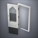 modern thin-frame 3/4 Steepled Window Door with fancy-profile frame and brass hardware, shown open with the removable pane separated in perspective view