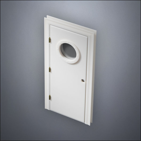 classic thick-frame Porthole Window Door with fancy-profile frame and brass hardware, shown closed in perspective view