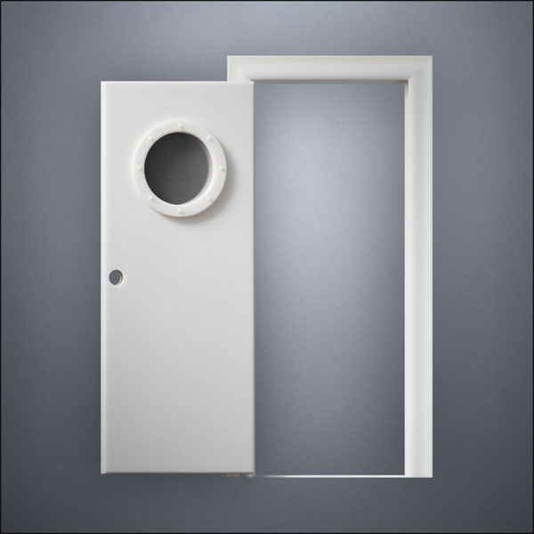 classic thick-frame Porthole Window Door with fancy-profile frame and brass hardware, shown open in front view