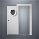 classic thick-frame Porthole Window Door with fancy-profile frame and brass hardware, shown open in front view