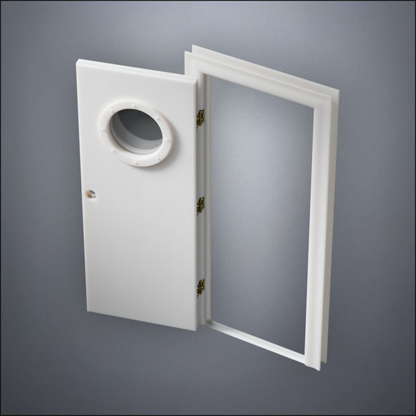 classic thick-frame Porthole Window Door with fancy-profile frame and brass hardware, shown open in perspective view
