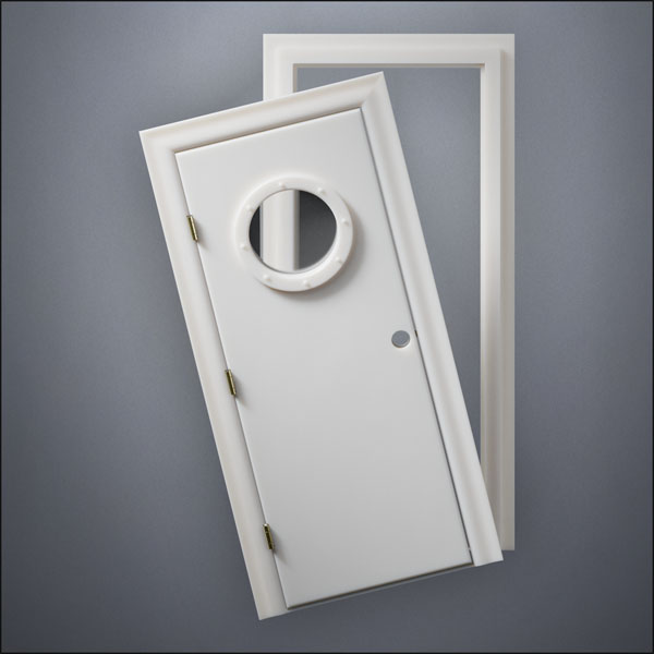 classic thick-frame Porthole Window Door with fancy-profile frame and brass hardware, shown split open in front view