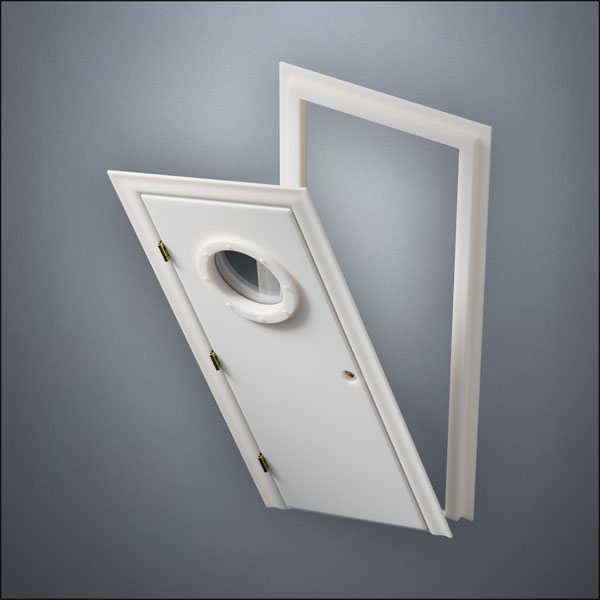 classic thick-frame Porthole Window Door with fancy-profile frame and brass hardware, shown split open in perspective view
