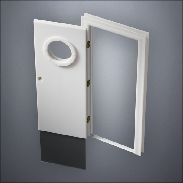 classic thick-frame Porthole Window Door with fancy-profile frame and brass hardware, shown open with the removable pane separated in perspective view