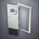 classic thick-frame Porthole Window Door with fancy-profile frame and brass hardware, shown open with the removable pane separated in perspective view