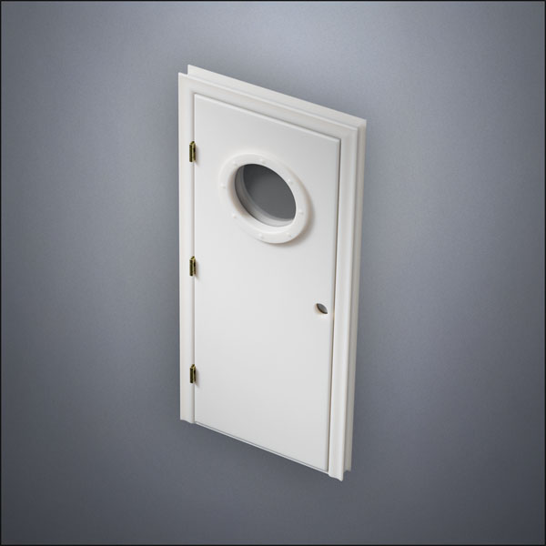 modern thin-frame Porthole Window Door with fancy-profile frame and brass hardware, shown closed in perspective view