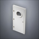 modern thin-frame Porthole Window Door with fancy-profile frame and brass hardware, shown closed in perspective view