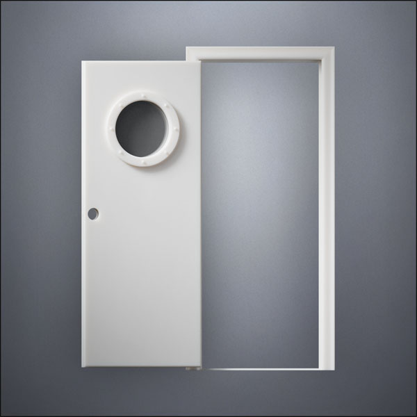 modern thin-frame Porthole Window Door with fancy-profile frame and brass hardware, shown open in front view