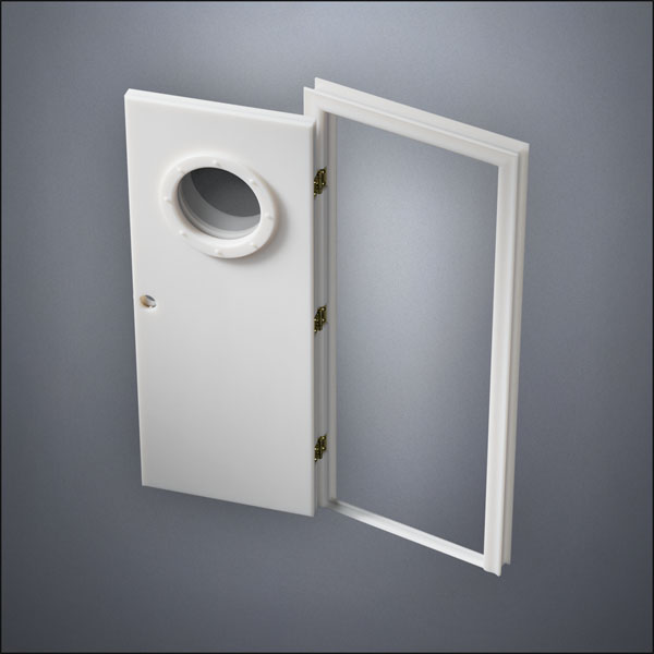 modern thin-frame Porthole Window Door with fancy-profile frame and brass hardware, shown open in perspective view