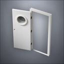 modern thin-frame Porthole Window Door with fancy-profile frame and brass hardware, shown open in perspective view
