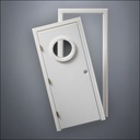 modern thin-frame Porthole Window Door with fancy-profile frame and brass hardware, shown split open in front view