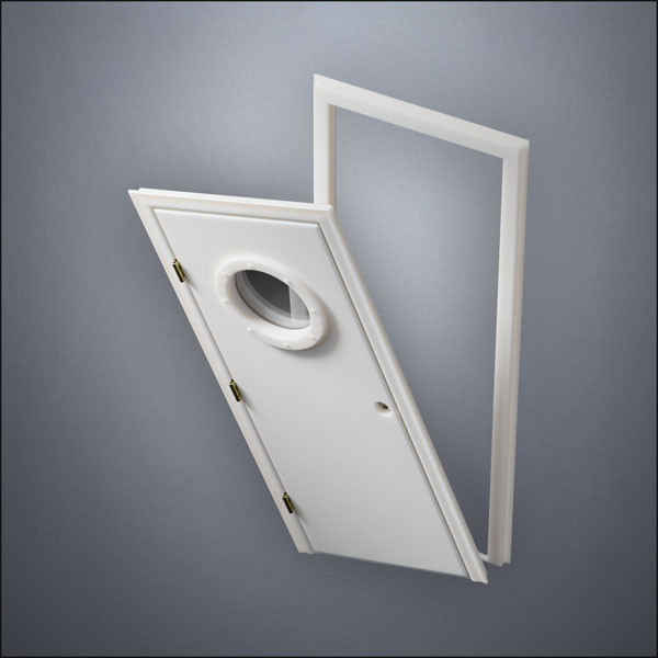 modern thin-frame Porthole Window Door with fancy-profile frame and brass hardware, shown split open in perspective view