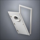 modern thin-frame Porthole Window Door with fancy-profile frame and brass hardware, shown split open in perspective view