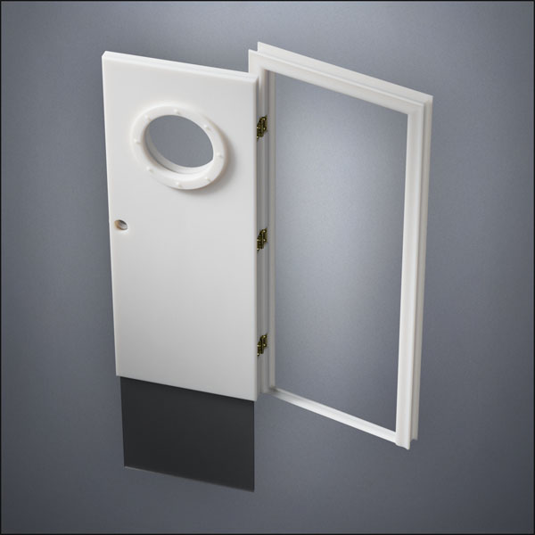 modern thin-frame Porthole Window Door with fancy-profile frame and brass hardware, shown open with the removable pane separated in perspective view