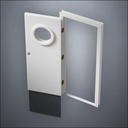 modern thin-frame Porthole Window Door with fancy-profile frame and brass hardware, shown open with the removable pane separated in perspective view
