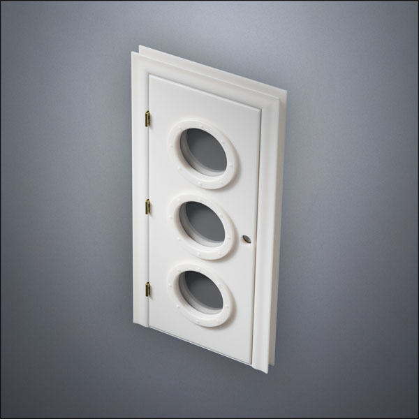 classic thick-frame Triple Porthole Window Door with fancy-profile frame and brass hardware, shown closed in perspective view