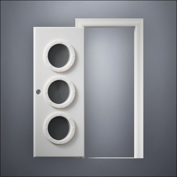classic thick-frame Triple Porthole Window Door with fancy-profile frame and brass hardware, shown open in front view