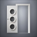 classic thick-frame Triple Porthole Window Door with fancy-profile frame and brass hardware, shown open in front view