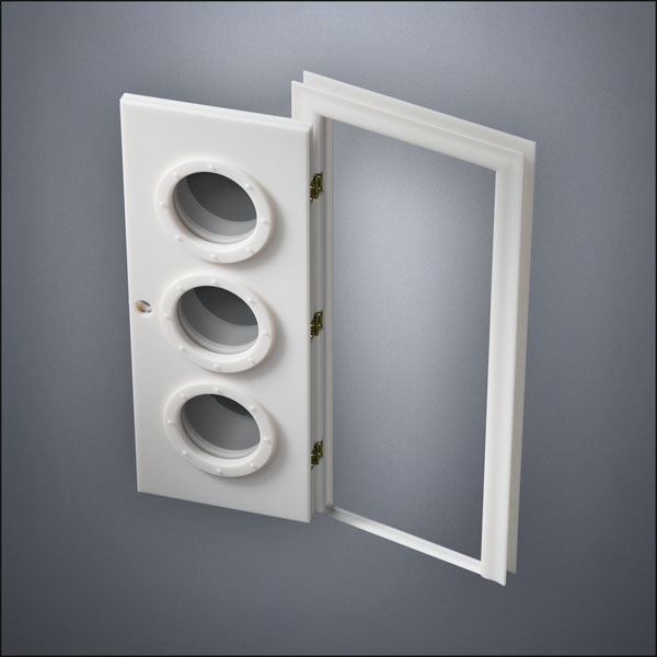 classic thick-frame Triple Porthole Window Door with fancy-profile frame and brass hardware, shown open in perspective view