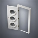 classic thick-frame Triple Porthole Window Door with fancy-profile frame and brass hardware, shown open in perspective view