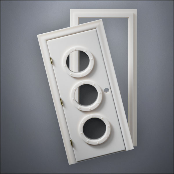 classic thick-frame Triple Porthole Window Door with fancy-profile frame and brass hardware, shown split open in front view