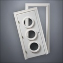 classic thick-frame Triple Porthole Window Door with fancy-profile frame and brass hardware, shown split open in front view