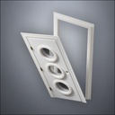 classic thick-frame Triple Porthole Window Door with fancy-profile frame and brass hardware, shown split open in perspective view