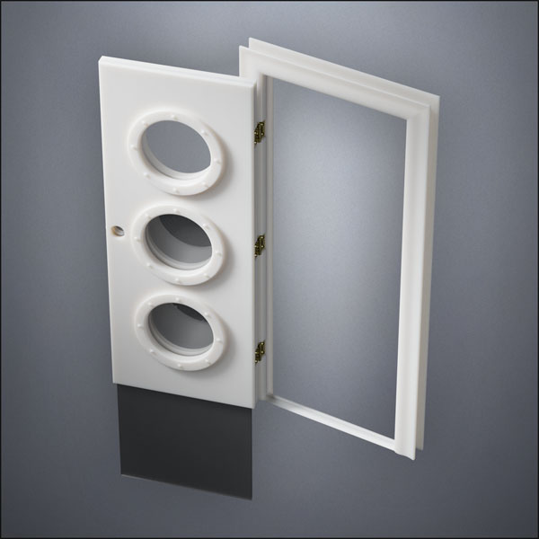 classic thick-frame Triple Porthole Window Door with fancy-profile frame and brass hardware, shown open with the removable pane separated in perspective view