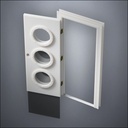 classic thick-frame Triple Porthole Window Door with fancy-profile frame and brass hardware, shown open with the removable pane separated in perspective view