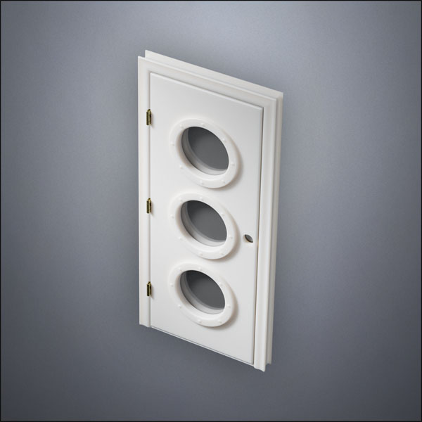 modern thin-frame Triple Porthole Window Door with fancy-profile frame and brass hardware, shown closed in perspective view