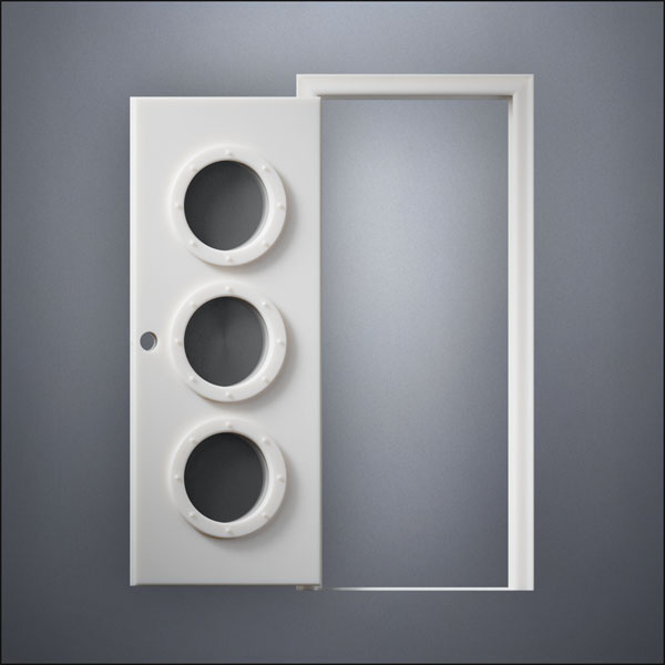 modern thin-frame Triple Porthole Window Door with fancy-profile frame and brass hardware, shown open in front view