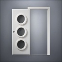 modern thin-frame Triple Porthole Window Door with fancy-profile frame and brass hardware, shown open in front view