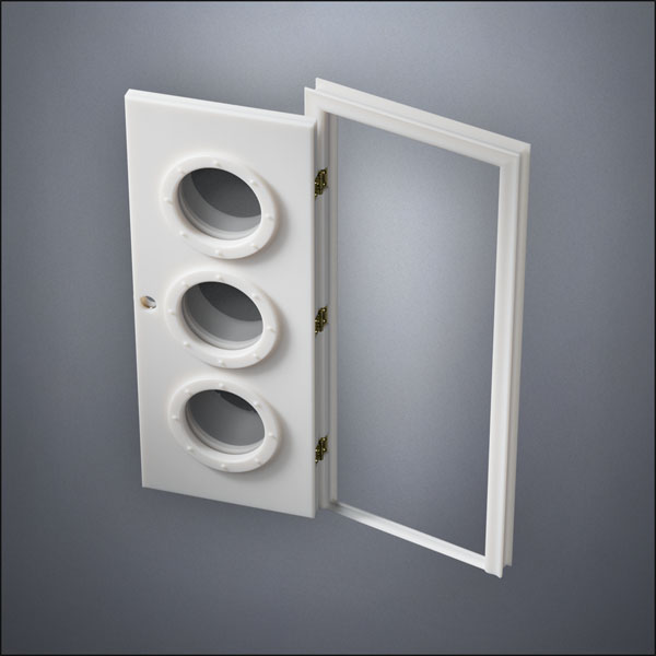 modern thin-frame Triple Porthole Window Door with fancy-profile frame and brass hardware, shown open in perspective view