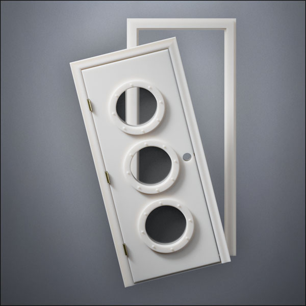modern thin-frame Triple Porthole Window Door with fancy-profile frame and brass hardware, shown split open in front view