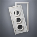 modern thin-frame Triple Porthole Window Door with fancy-profile frame and brass hardware, shown split open in front view