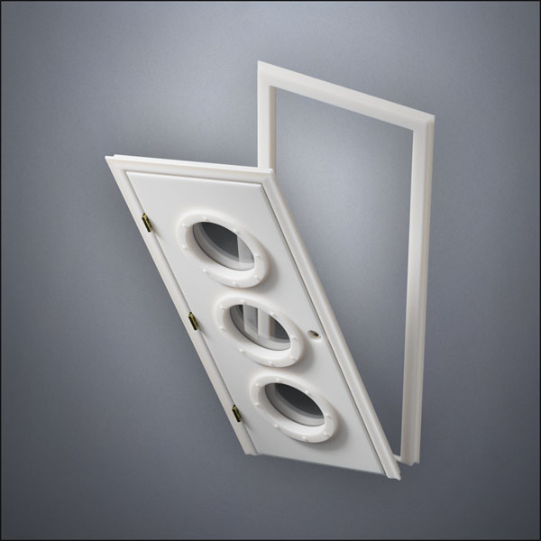 modern thin-frame Triple Porthole Window Door with fancy-profile frame and brass hardware, shown split open in perspective view