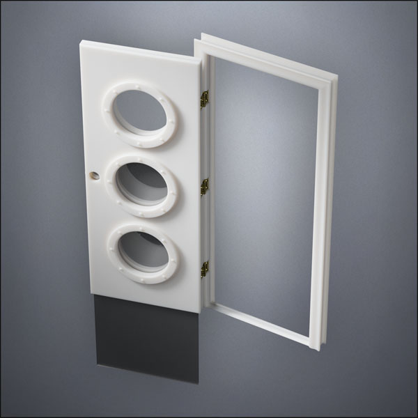 modern thin-frame Triple Porthole Window Door with fancy-profile frame and brass hardware, shown open with the removable pane separated in perspective view