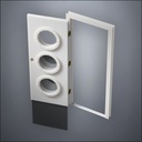 modern thin-frame Triple Porthole Window Door with fancy-profile frame and brass hardware, shown open with the removable pane separated in perspective view
