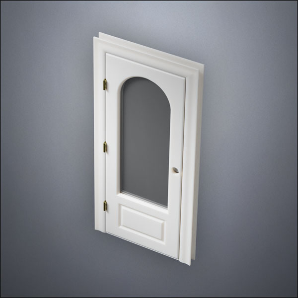 classic thick-frame 3/4 Rounded Window Door with fancy-profile frame and brass hardware, shown closed in perspective view