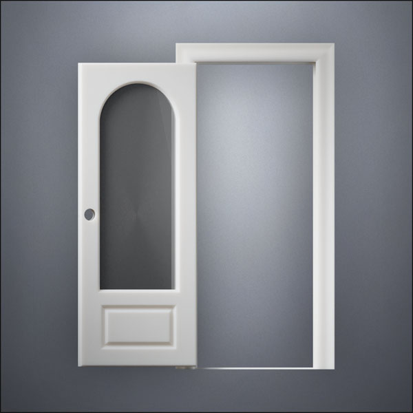 classic thick-frame 3/4 Rounded Window Door with fancy-profile frame and brass hardware, shown open in front view