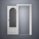 classic thick-frame 3/4 Rounded Window Door with fancy-profile frame and brass hardware, shown open in front view
