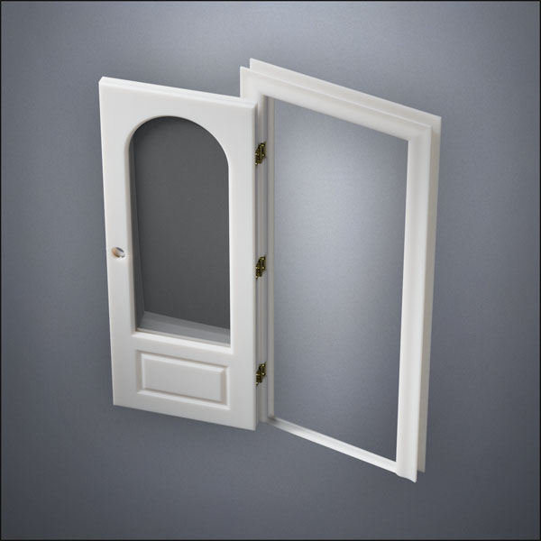 classic thick-frame 3/4 Rounded Window Door with fancy-profile frame and brass hardware, shown open in perspective view