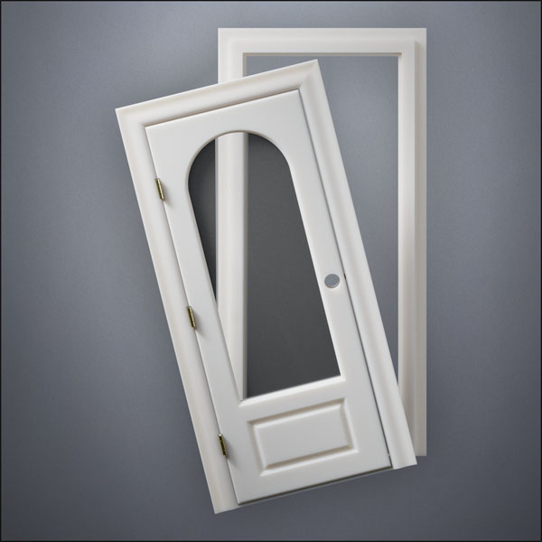 classic thick-frame 3/4 Rounded Window Door with fancy-profile frame and brass hardware, shown split open in front view