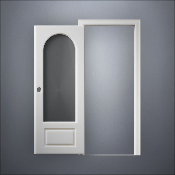 modern thin-frame 3/4 Rounded Window Door with fancy-profile frame and brass hardware, shown open in front view