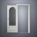 modern thin-frame 3/4 Rounded Window Door with fancy-profile frame and brass hardware, shown open in front view