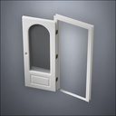 modern thin-frame 3/4 Rounded Window Door with fancy-profile frame and brass hardware, shown open in perspective view