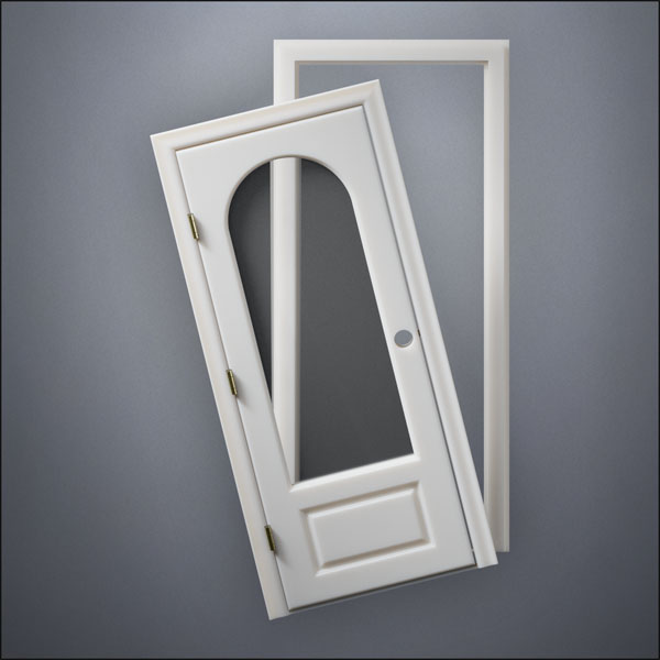 modern thin-frame 3/4 Rounded Window Door with fancy-profile frame and brass hardware, shown split open in front view