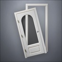 modern thin-frame 3/4 Rounded Window Door with fancy-profile frame and brass hardware, shown split open in front view