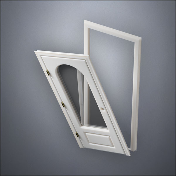 modern thin-frame 3/4 Rounded Window Door with fancy-profile frame and brass hardware, shown split open in perspective view